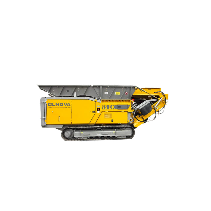 Yellow construction machine with "olnova' branding on it, white background