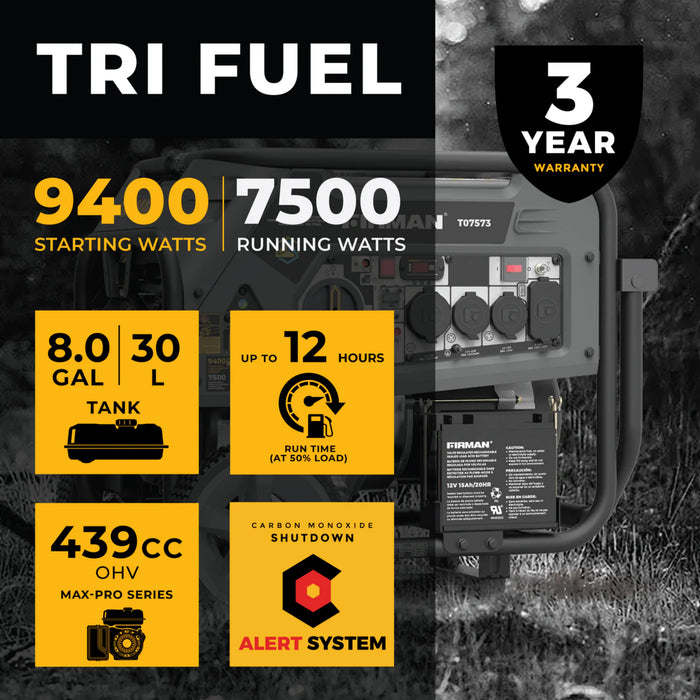 Firman | Tri Fuel Portable Generator | 9400W Electric Start 120/240V with CO Alert