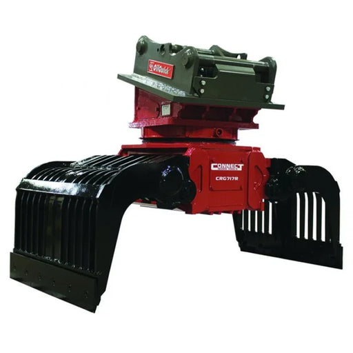 Heavy-duty mechanical grapple with red and black colors on a white background
