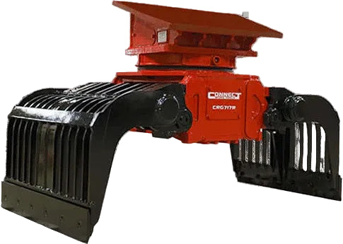 Red and black industrial Grapple attachment on a white background