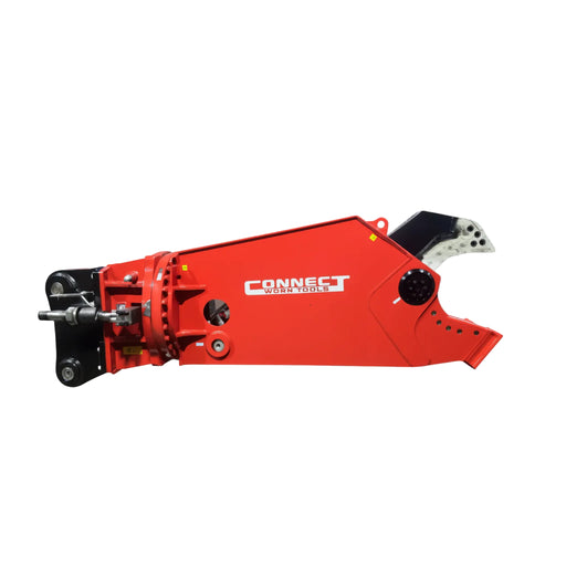 Red excavator demolition shears with 'Connect Work Tools' branding on a white background