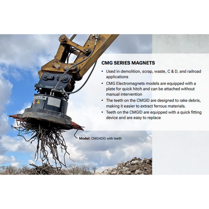 Excavator arm with CMG series magnets against a cloudy sky