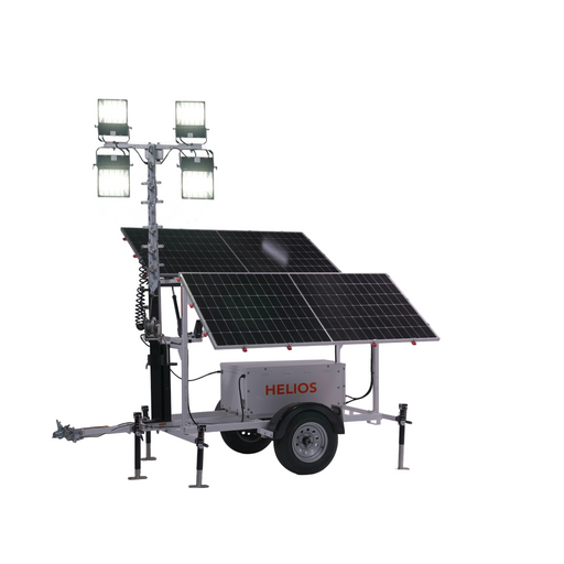 Solar-powered light tower with Helios branding on a white background