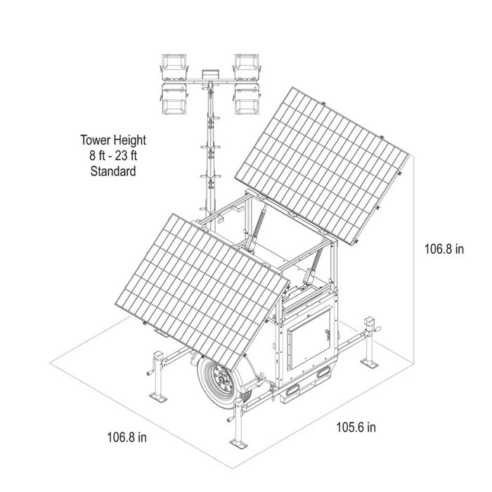Technical drawing of a solar panel system with dimensions labeled