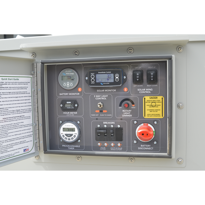 Control panel with various switches and displays on a white background