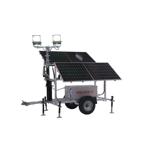 Solar-powered light tower with 'Helios-1' branding on a white background