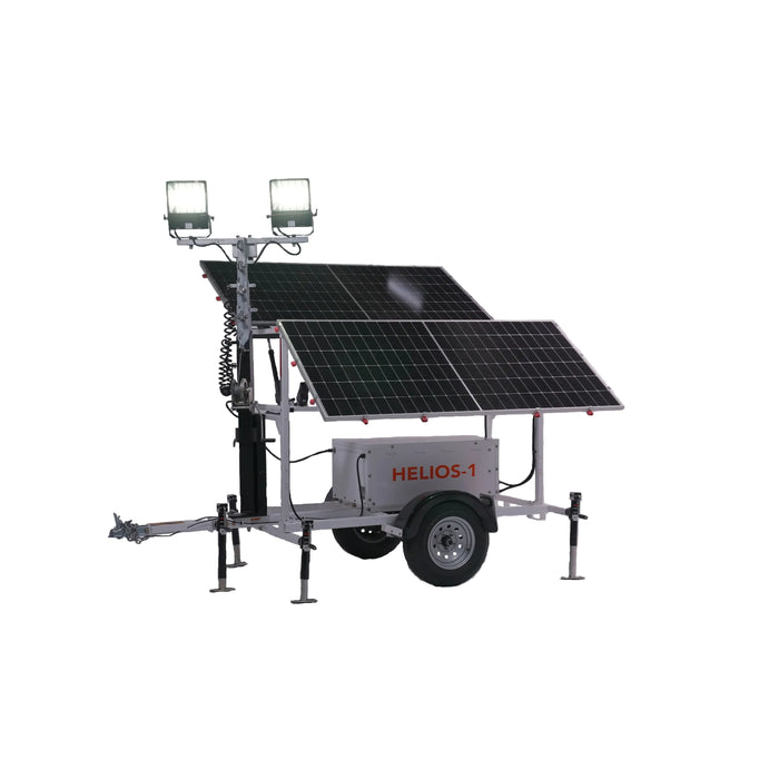 Solar-powered light tower with 'Helios-1' branding on a white background