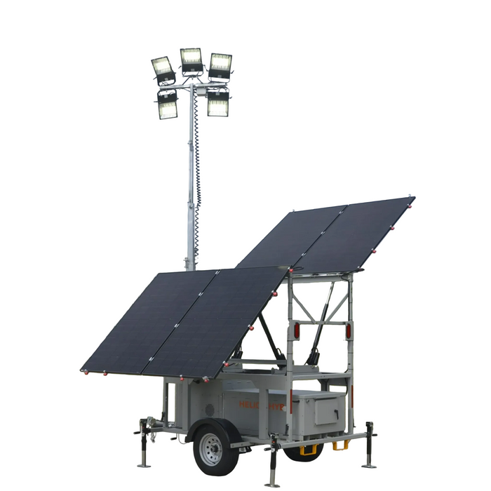 Portable solar lighting tower with solar panels on a white background