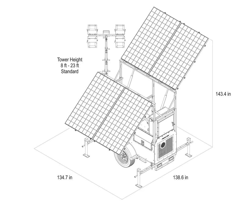 Technical drawing of a solar panel system with dimensions labeled