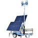 Solar-powered light tower with two large solar panels on a white background, branded 'Helios'.