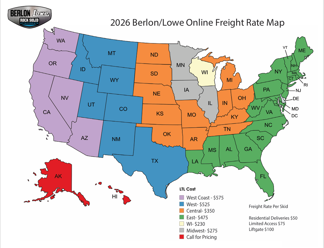 A color-coded United States freight rate map titled '2026 Berlon/Lowe Online Freight Rate Map' with state blocks in different colors and a legend listing LTL, Coast, and Freight Rate Per Skid information. The Berlon/Lowe Motors logo appears in the top left.